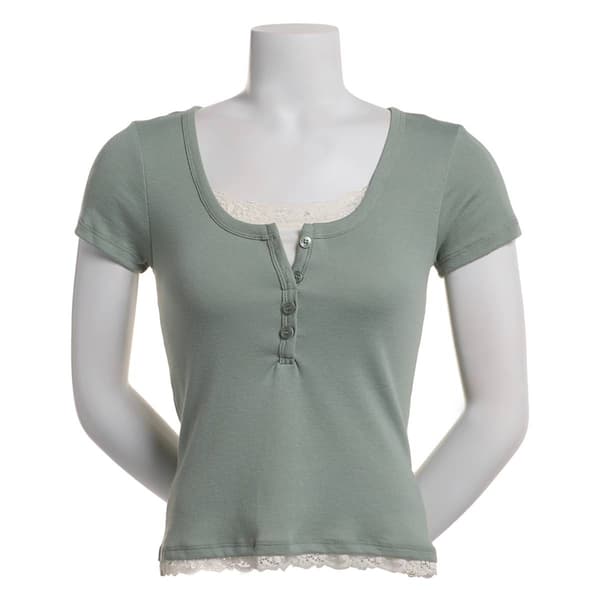 Juniors Pink Rose Short Sleeve Layered Lace Trim Henley Top - image 