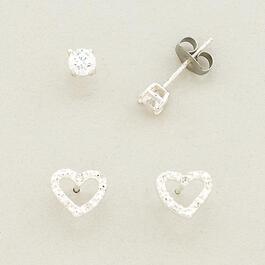 Sterling Cubic Zirconia Duo Heart Earrings Set