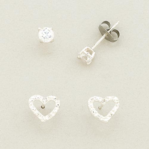 Sterling Cubic Zirconia Duo Heart Earrings Set - image 