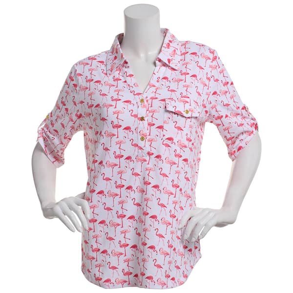 Plus Size Emily Daniels Elbow Sleeve Flamingos Henley Blouse - image 