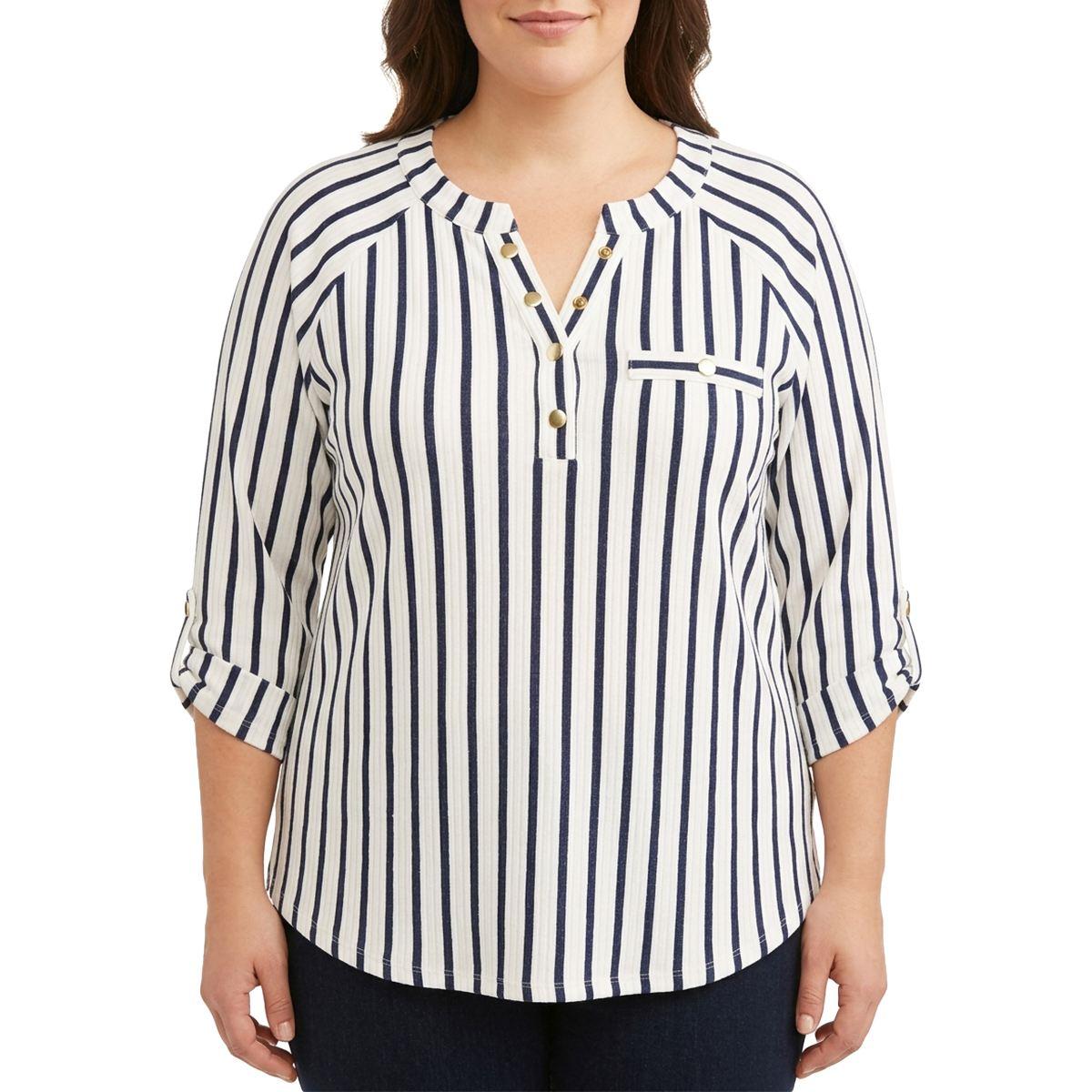 Plus Size Cure 3/4 Roll Tab Rib Texture 1 Pocket Henley