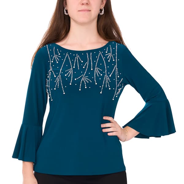 Petite MSK Ruffle Sleeve Boat Neck Beaded Trim Top - image 