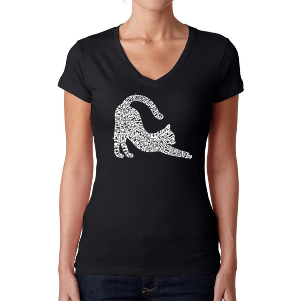 Plus Size LA Pop Art Stretching Cat Word Art V-Neck Tee - image 