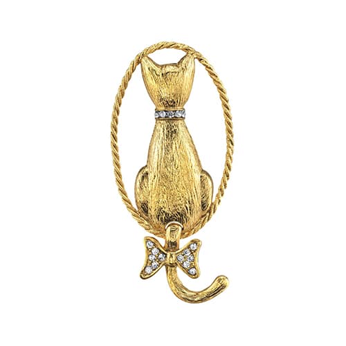 1928 Gold Tone Crystal Backward Cat Pin - image 