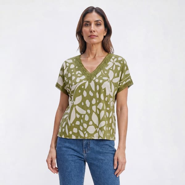 Womens Como Blu Cap Sleeve Leaf Abstract V-Neck Lace Blouse - image 