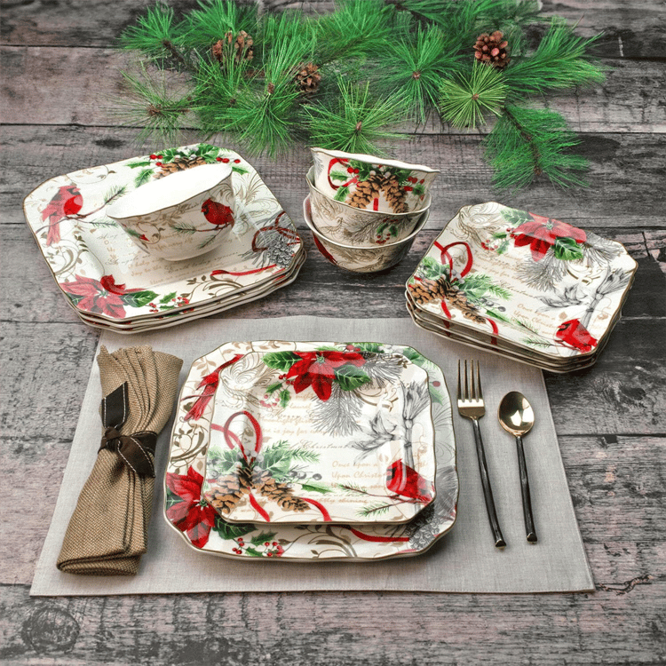 222 Fifth Holiday Wishes 12pc. Red Porcelain Dinnerware Set