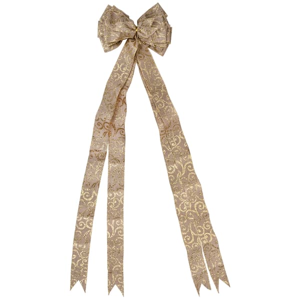 Northlight 48in. Burlap and Gold Scroll 16 Loop Christmas Bow - image 
