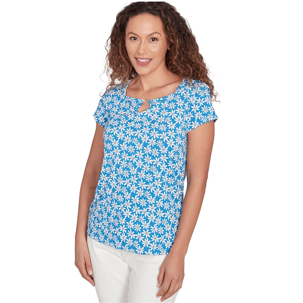 Womens Emaline Key Items Short Sleeve Daisies Keyhole Neck Tee