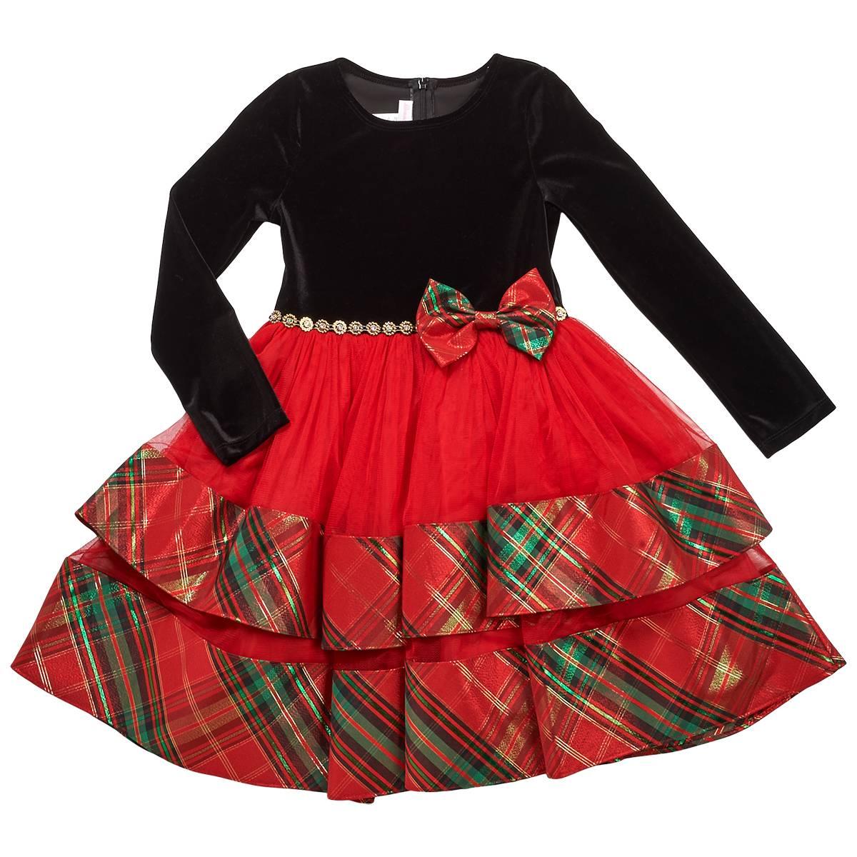 Girls (7-16) Bonnie Jean Velvet Tiered Mesh w/ Plaid Dress