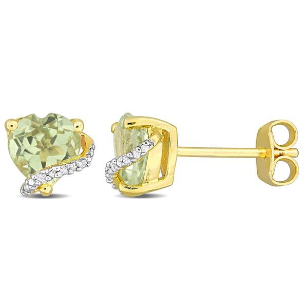 Gold Plated Sterling Silver Green Quartz & Diamond Stud Earrings - image 