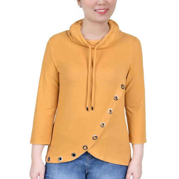 Petite NY Collection 3/4 Sleeve Cowl Neck w/Drawstring Blouse