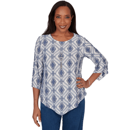 Womens Alfred Dunner Indigo Girls 3/4 Sleeve Diamond Blouse