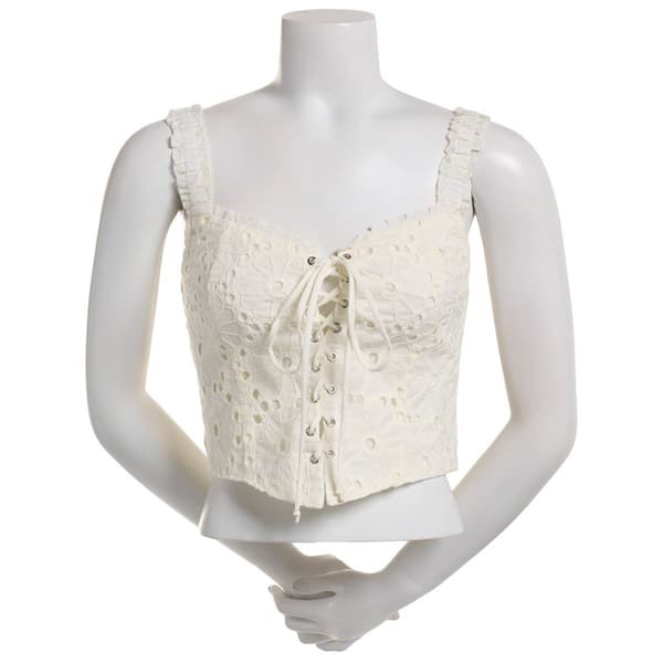 Juniors Self Esteem Eyelet Lace-Up Corset Top with Ruffle Straps - image 