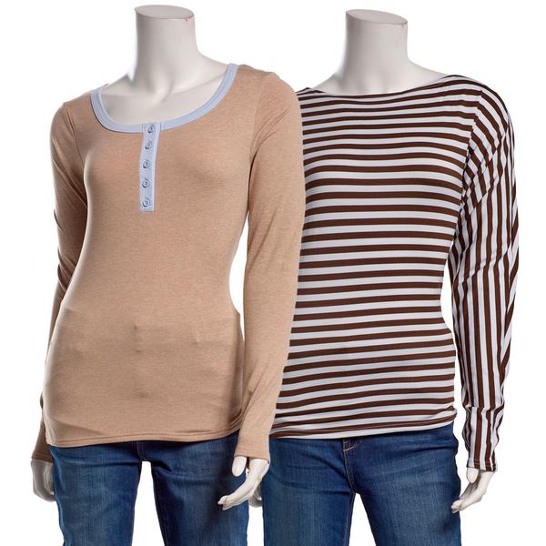 Juniors No Comment 2pk. Fleece Lined Stripe & Solid Tees - image 
