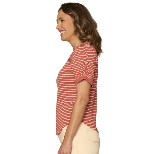 Petite Democracy Short Ruch Sleeve V Neck Stripe Blouse