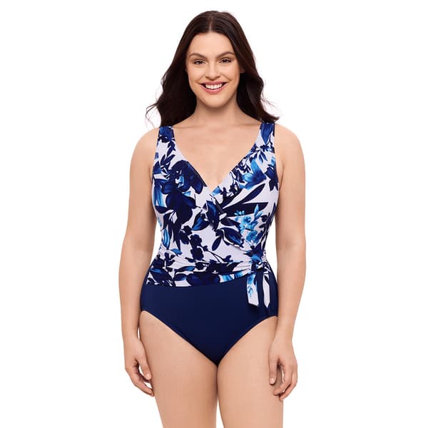 Womens Leilani Midnight Floral Ruffle Sash One Piece Swimsuit