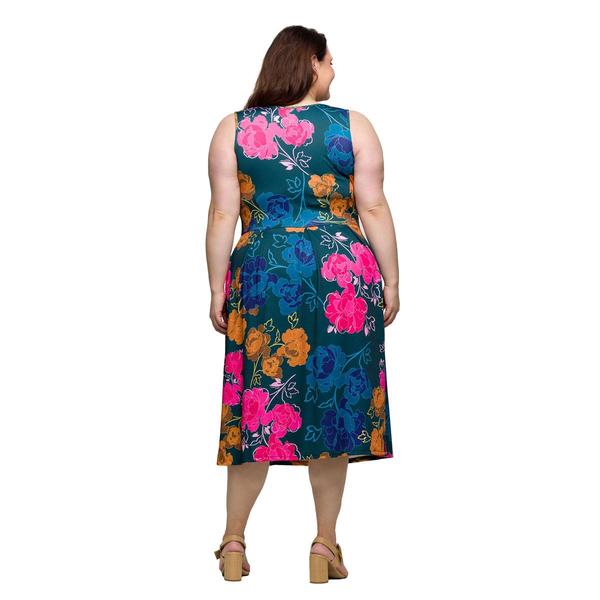 Plus Size 24/7 Comfort Apparel Blue Floral Pleated Pocket Dress