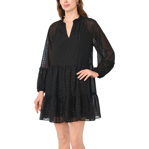 Womens Cece Long Sleeve Clip Dot Ruffle Sleeve Tier Dress