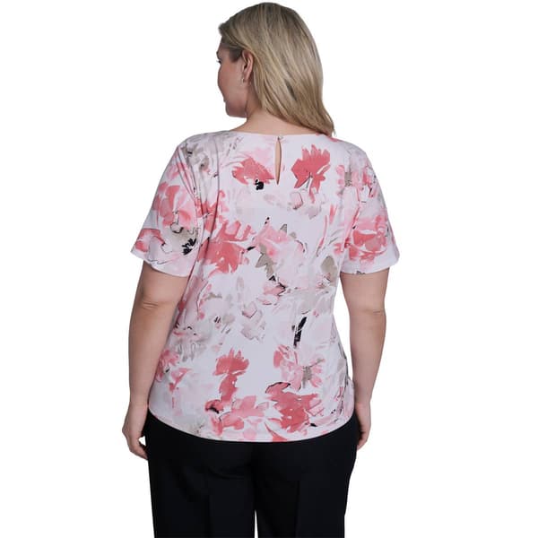 Plus Size Calvin Klein Short Sleeve Pleat Neck Floral Blouse