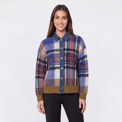 Womens Cyrus Long Sleeve Plaid Denim Trim Button Front Cardigan - image 