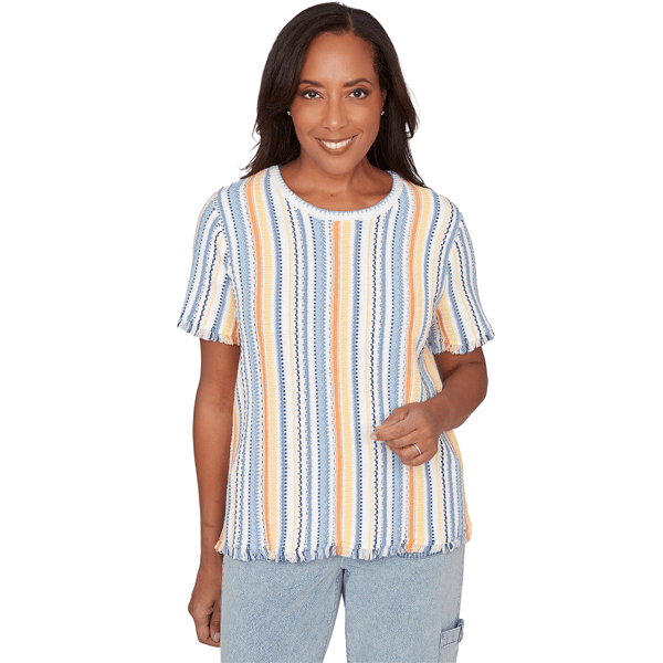 Petites Alfred Dunner Out Of The Blue Textured Fringe Stripe Tee - image 
