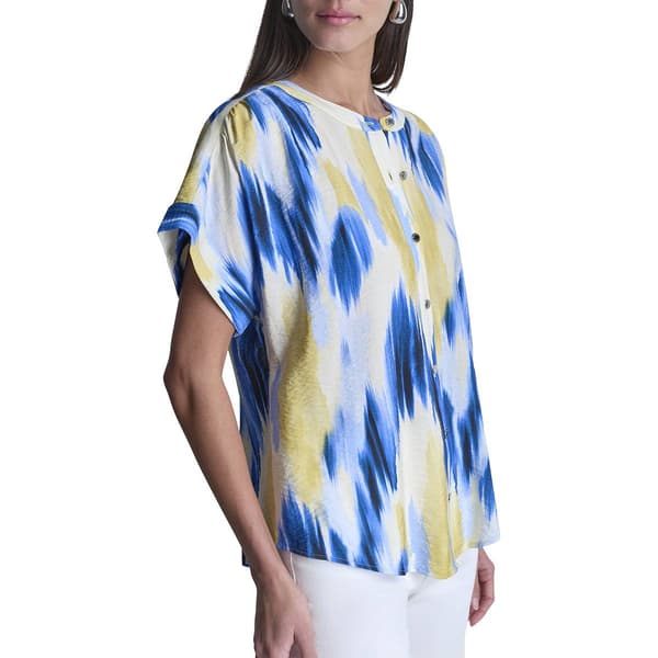 Womens DKNY Sport Short Sleeve Abstract Button Front Blouse
