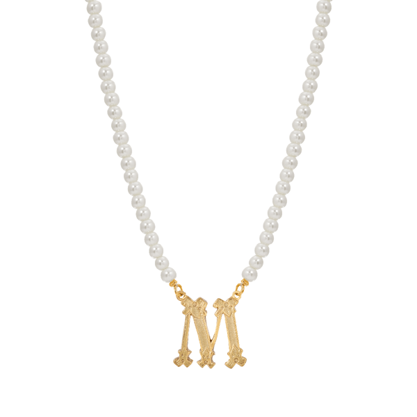 1928 16in. Gold-Tone M Initial Pearl Pendant - image 