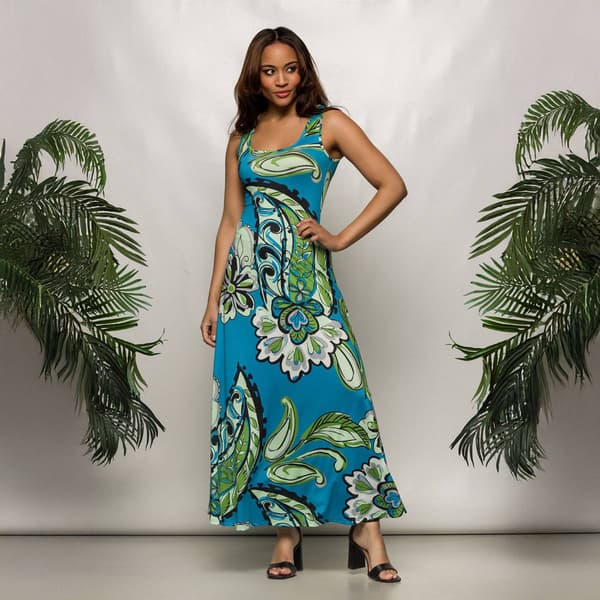 Womens 24/7 Comfort Apparel Blue Paisley A Line Maxi Dress