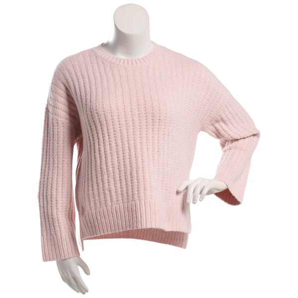 Juniors Pink Rose Mossy Textured Step Hem Wide Sleeve Sweater - image 
