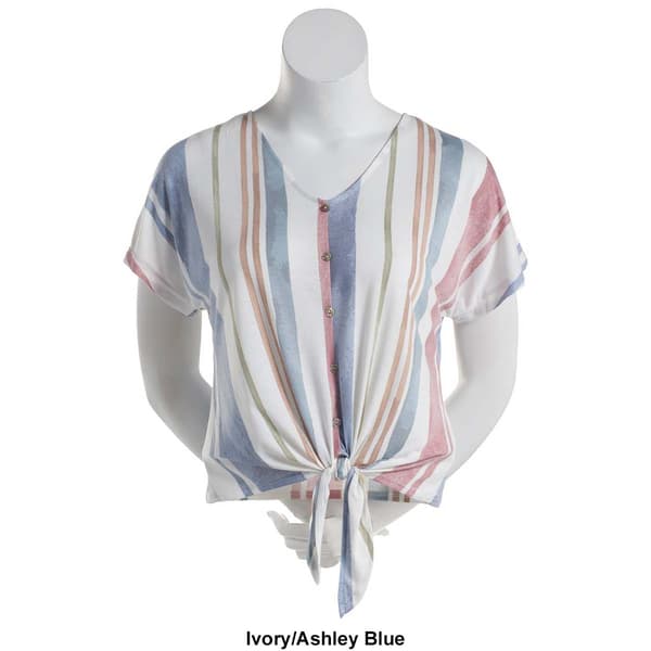 Womens Tru  Self Faux Button Front Stripe Tie Front Shirt