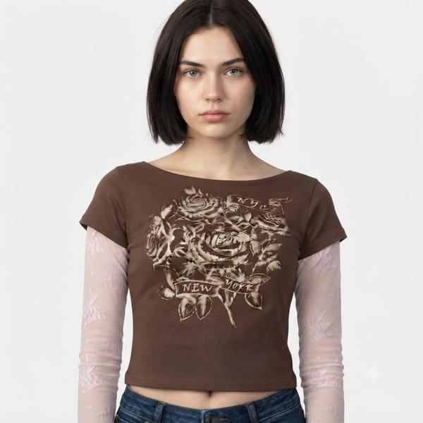 Juniors No Comment Boat Neck Screen Top w/ Lace Sleeves- Brown