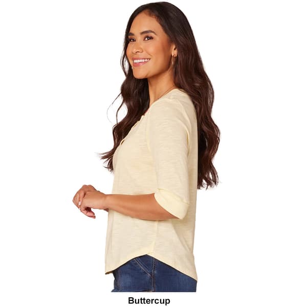 Womens Democracy Elbow Sleeve Split Neck Shirttail Hem Top