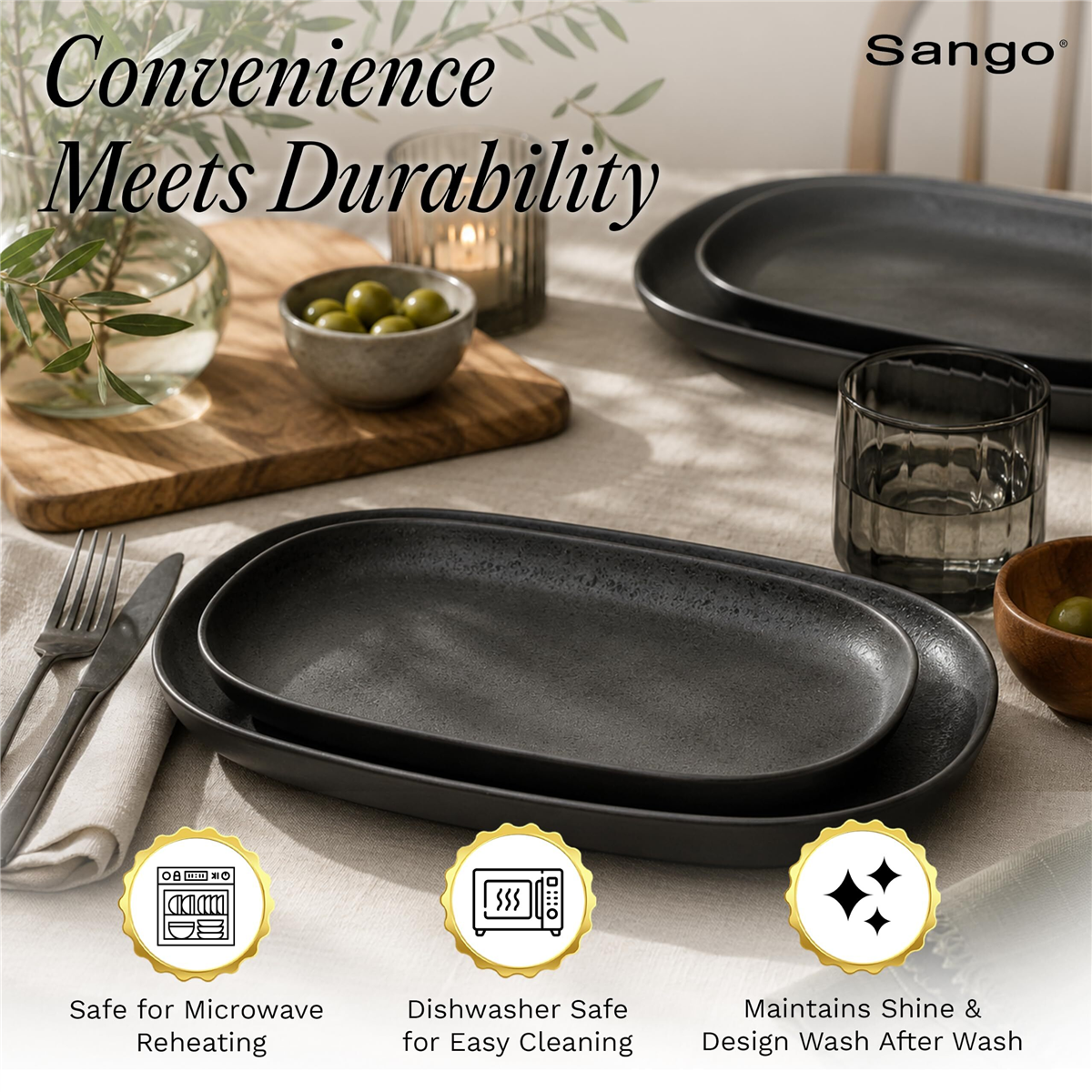 Sango Anderson Black Large Ceramic Serving Platters - Set of 2