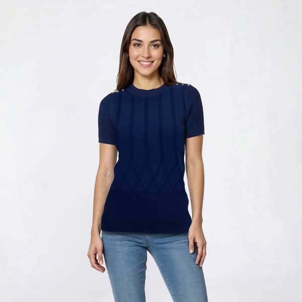 Petite Rio & Rian Short Sleeve Solid Diamond Ribbed Sweater - image 