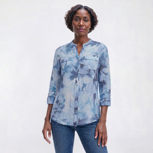 Womens Cocomo 3/4 Sleeve Linen Slub Floral Button Front Blouse - image 