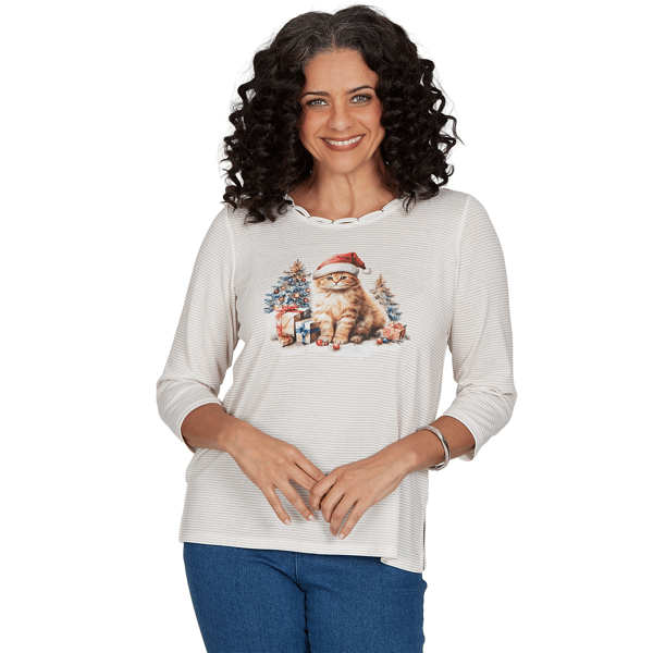 Petite Alfred Dunner Classics 3/4 Sleeve Santa Cat Tee