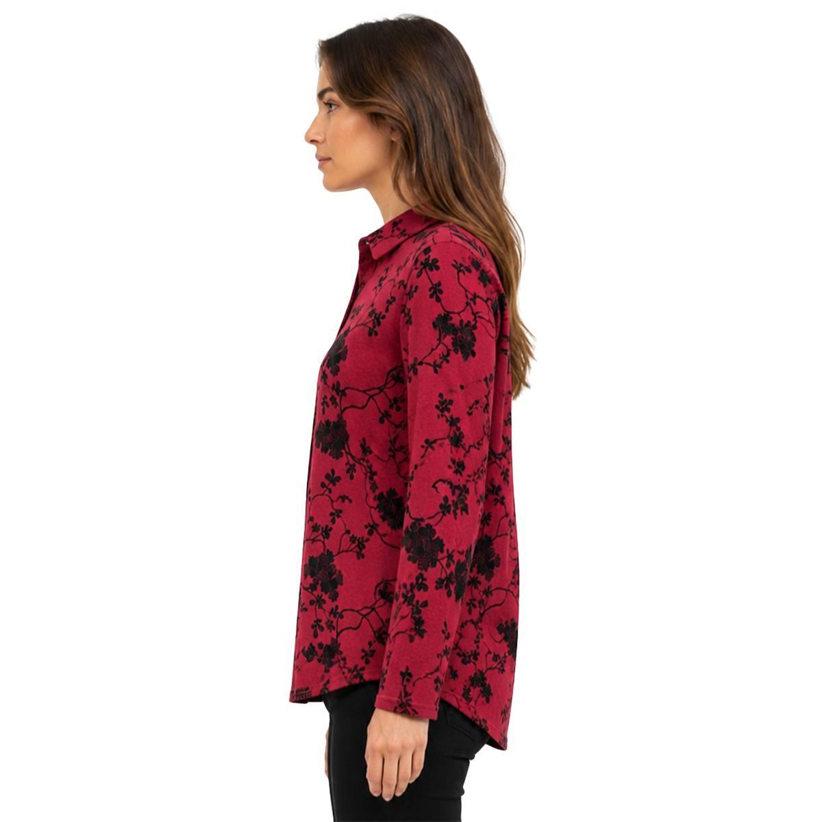 Womens Zac & Rachel Long Sleeve 1/2 Button Floral Burgundy Blouse
