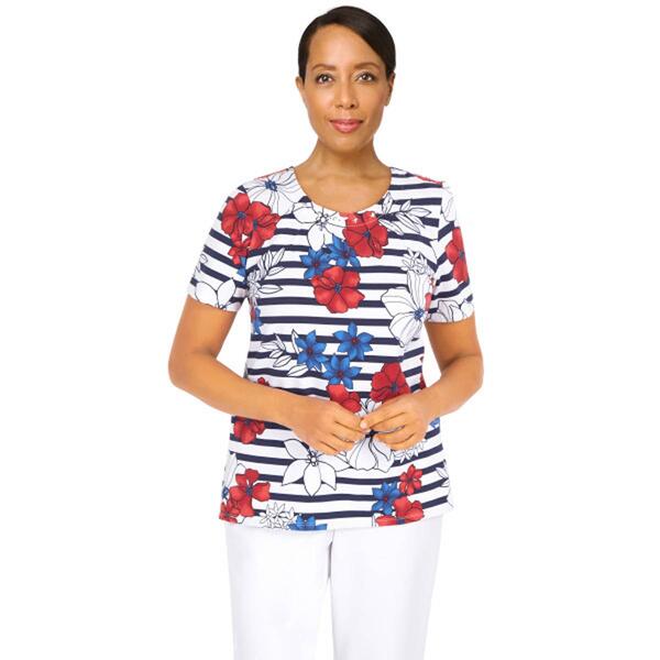Petite Alfred Dunner Land Of The Free Floral Stripe Tee - image 