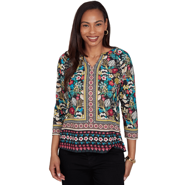 Womens Ruby Rd. Tropical Noir 3/4 Sleeve Paradise Tropic Blouse