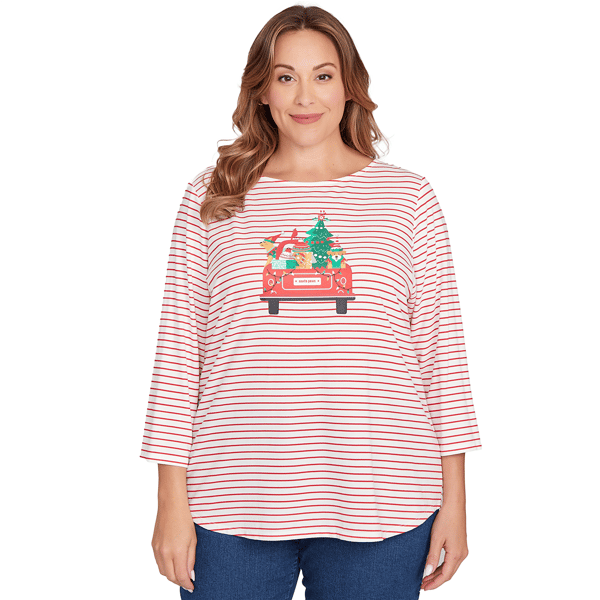 Women''s Ruby Rd. Must Haves Ii Christmas Truck Striped Knit Top - image 