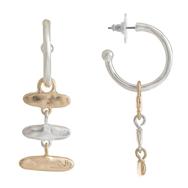 Bella Uno Worn Two-Tone Flat Oval Link Hoop Dangle Earrings - image 