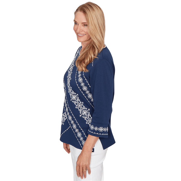 Womens Alfred Dunner Mykonos 3/4 Sleeve Diagonal Scroll Blouse