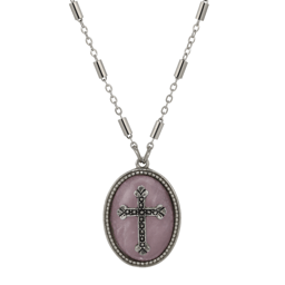 Symbols of Faith Oval Semi-Precious Pewter Cross Necklace