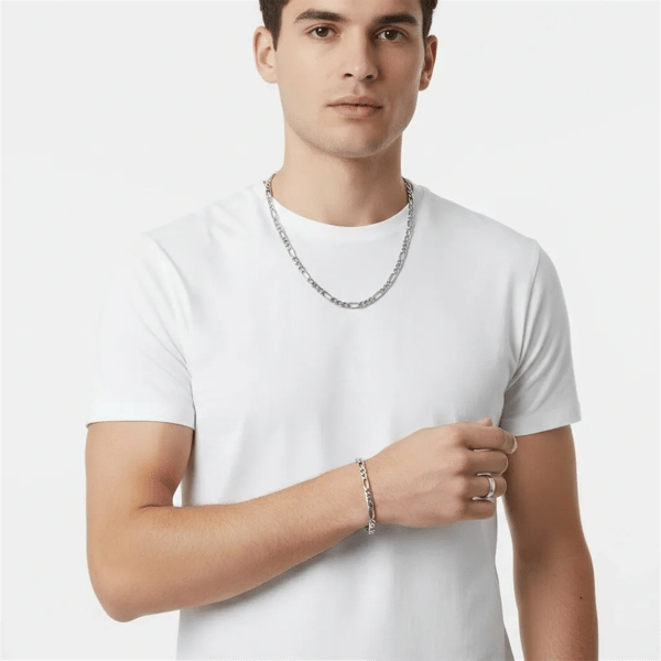 Mens Iron Saints 6mm Figaro Link Silver Necklace Bracelet Set