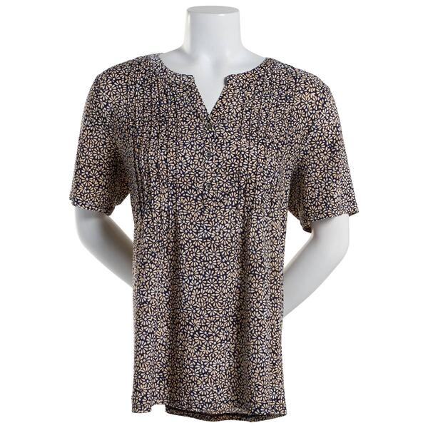 Petite Napa Valley Short Sleeve Floral Pleat Knit Henley Top - image 