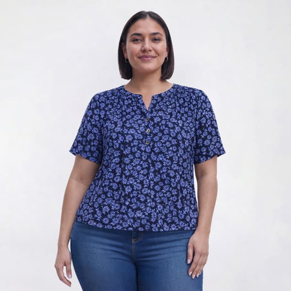Plus Size Napa Valley Short Sleeve Pleated Floral Henley Blouse - image 