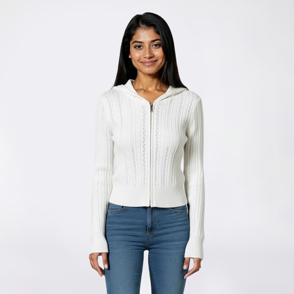 Juniors Madden Girl Wide Rib Pointelle Zip Up Sweater with Hood - image 