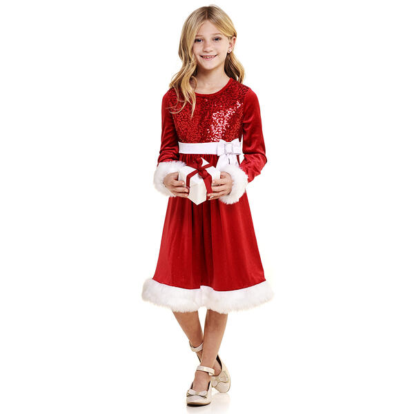 Girls &#40;7-16&#41; Bonnie Jean Long Sleeve Sequin & Velvet Santa Dress - image 