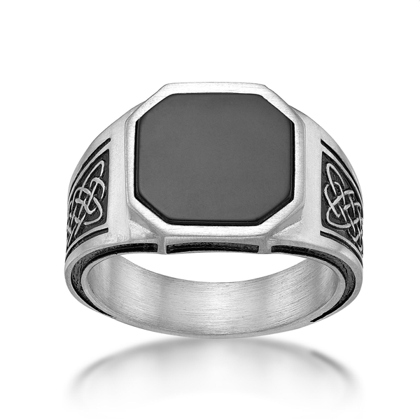 Mens Lynx Stainless Steel Black Agate & Black Resin Ring - image 