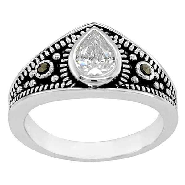 Marsala Fine Silver Plated Marcasite CZ Chevron Ring - image 